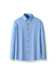 シルクストレッチ素材のブルー長袖シャツ。