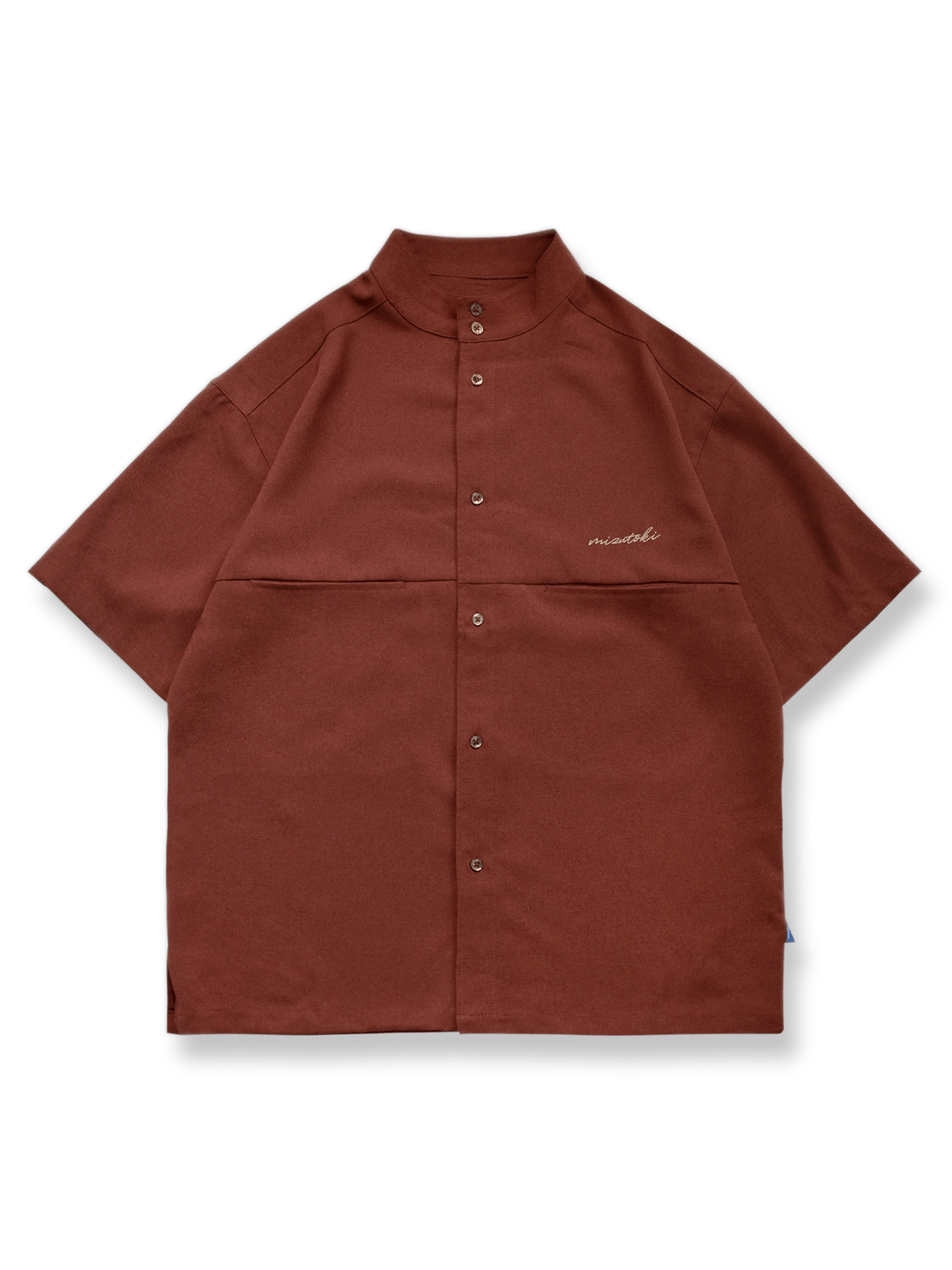 ミントグリーンとレッドの配色、刺繍ポケットが特徴のコットンリブ半袖シャツ