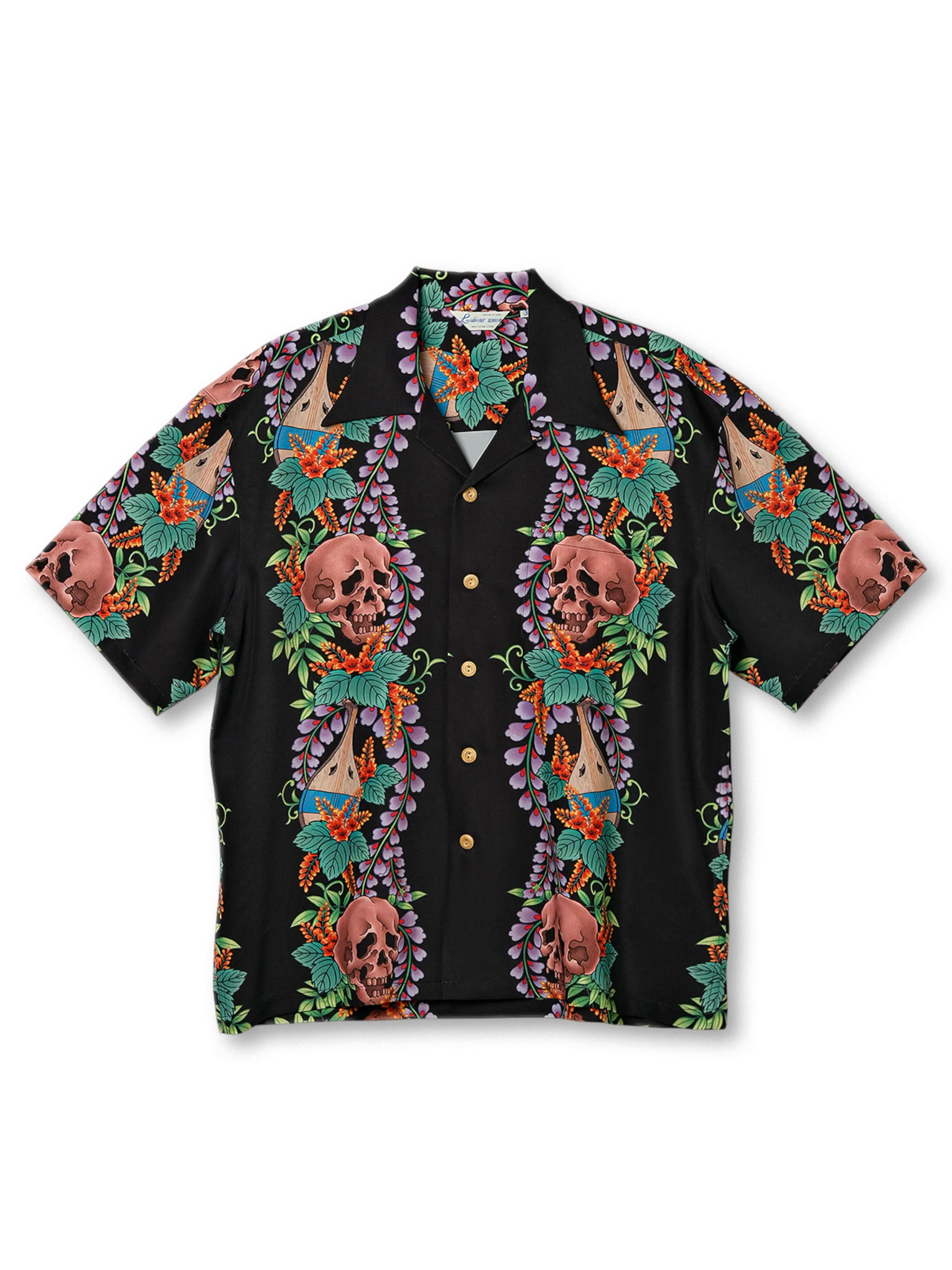 スカルフローラル アロハシャツ全体像(ブラックベース)