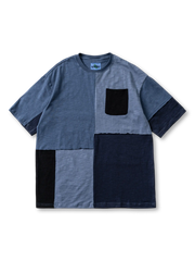 スラブコットンパネルショートスリーブTシャツの全身ビュー、色落ちスラブ素材のパネル切り替えディテールを強調。