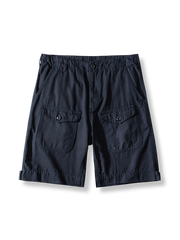 ソフトキャンバス素材の多ポケットカーゴショーツ(6つのフラップポケット、YKKジッパー、裾調整ボタン付き)