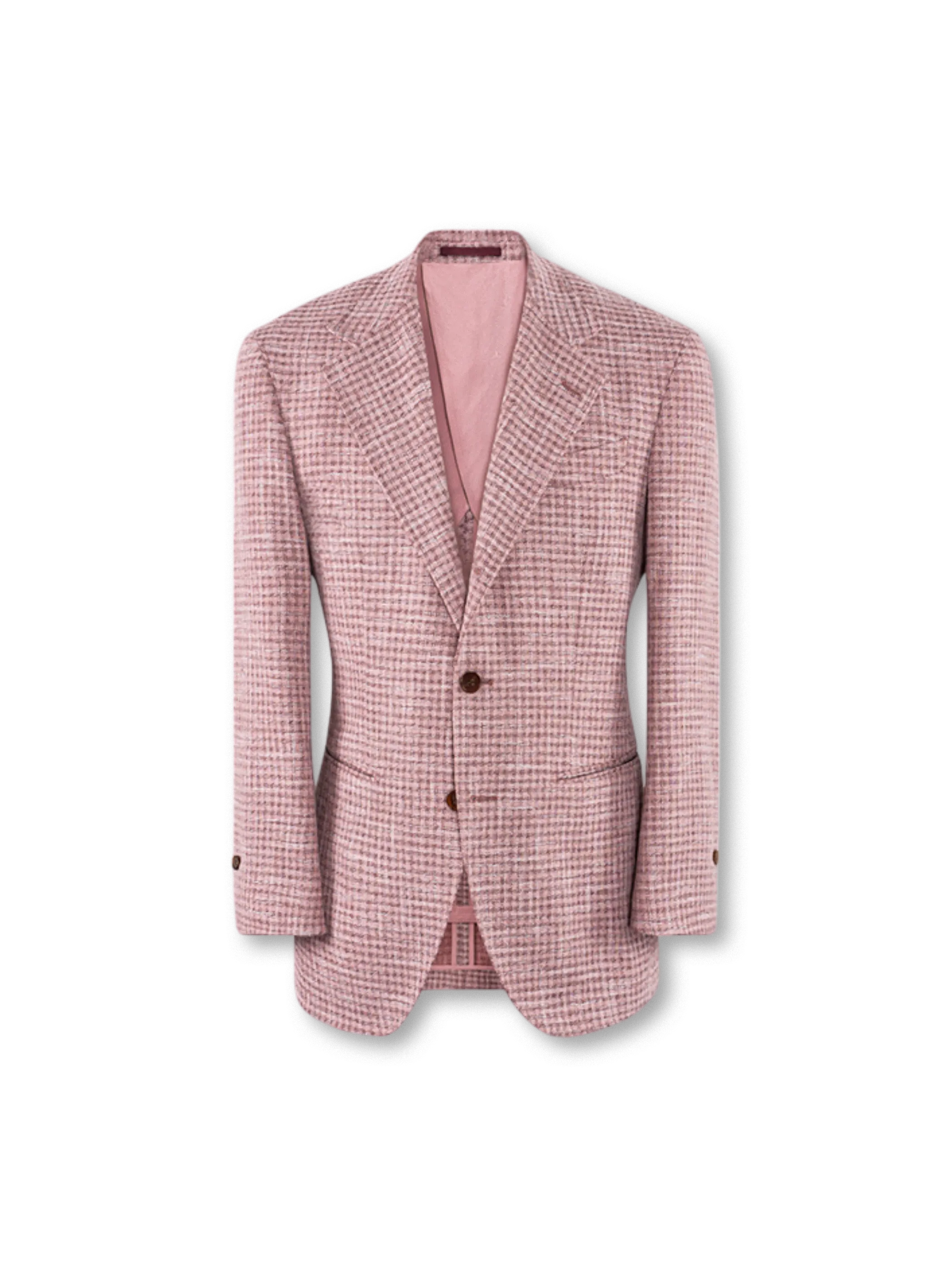 霞みピンク千鳥格子柄とナポリ開襟が特徴の上品なイタリアンジャケット