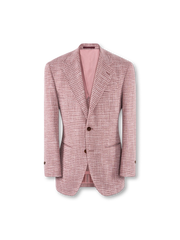 霞みピンク千鳥格子柄とナポリ開襟が特徴の上品なイタリアンジャケット
