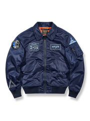 宇宙バッジとリブ仕様が特徴のスペースエクスプロレーションテーマMA-1フライトジャケット。