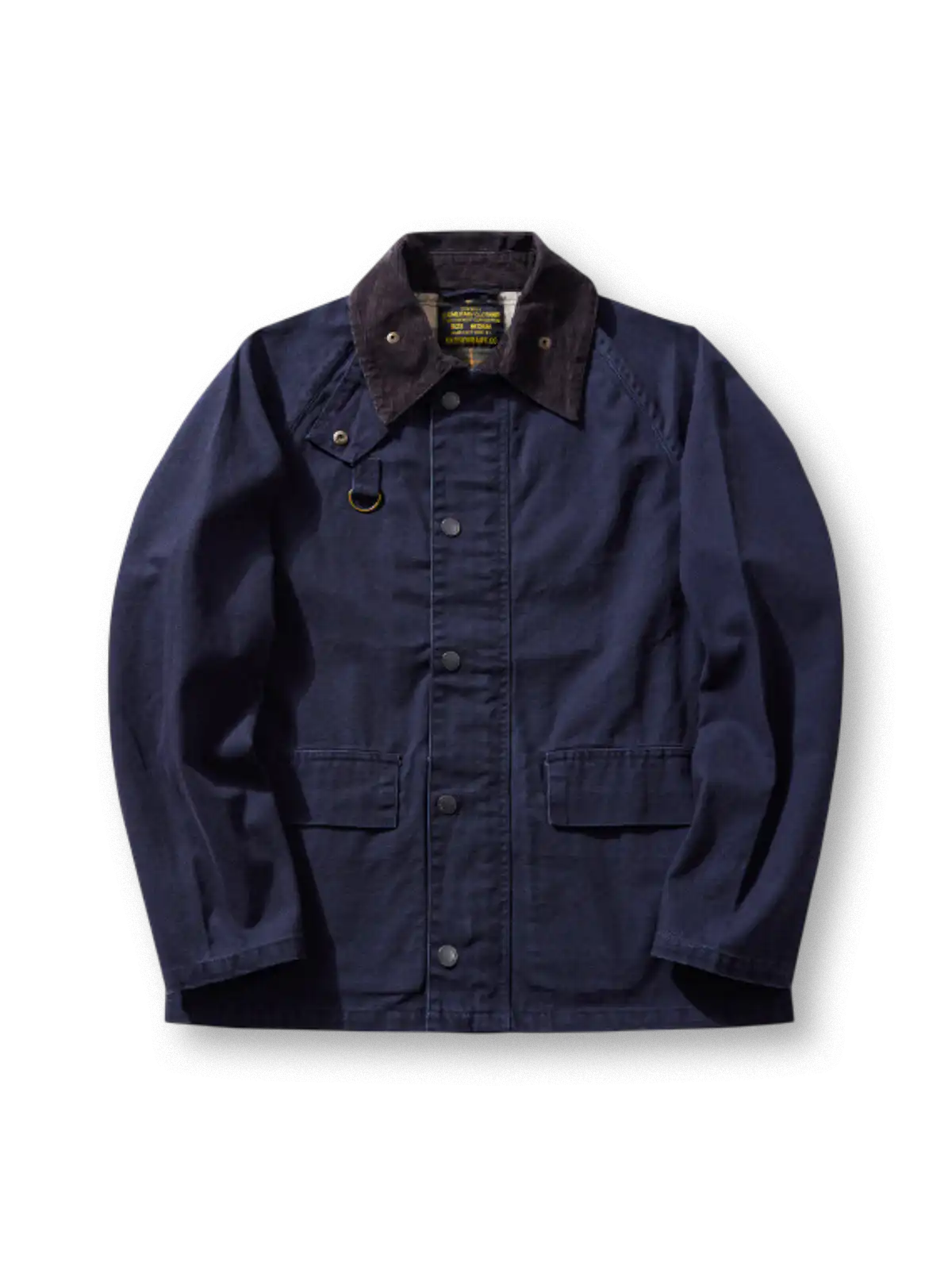 コットンキャンバスの中長丈フィッシングジャケット、TALONダブルジップとフラップポケット、コーデュロイ襟と胸のDカン付き