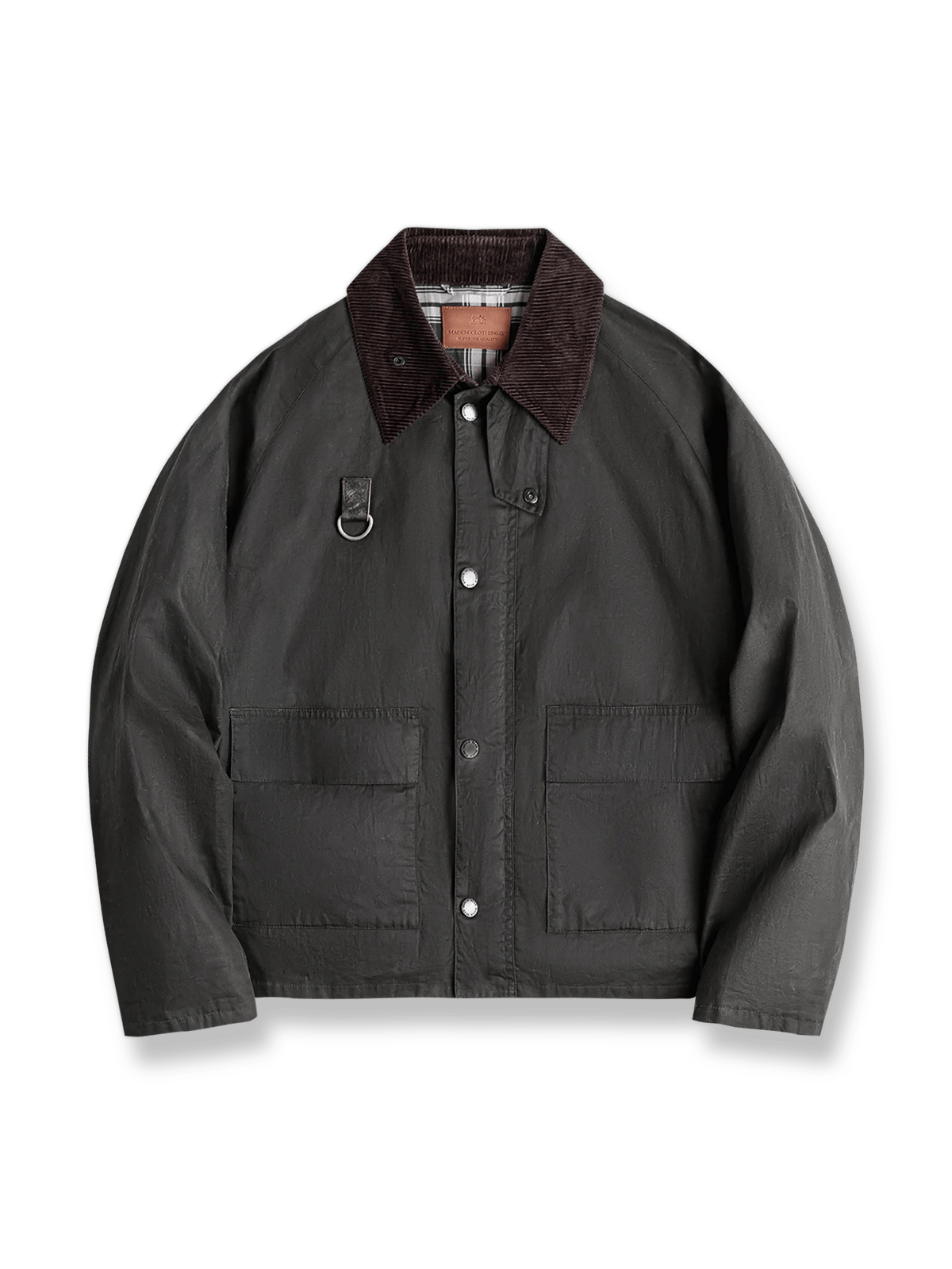 オイルワックス加工とコーデュロイ襟、Dリングや通気孔を備えたヴィンテージスタイルのフィッシングジャケット。