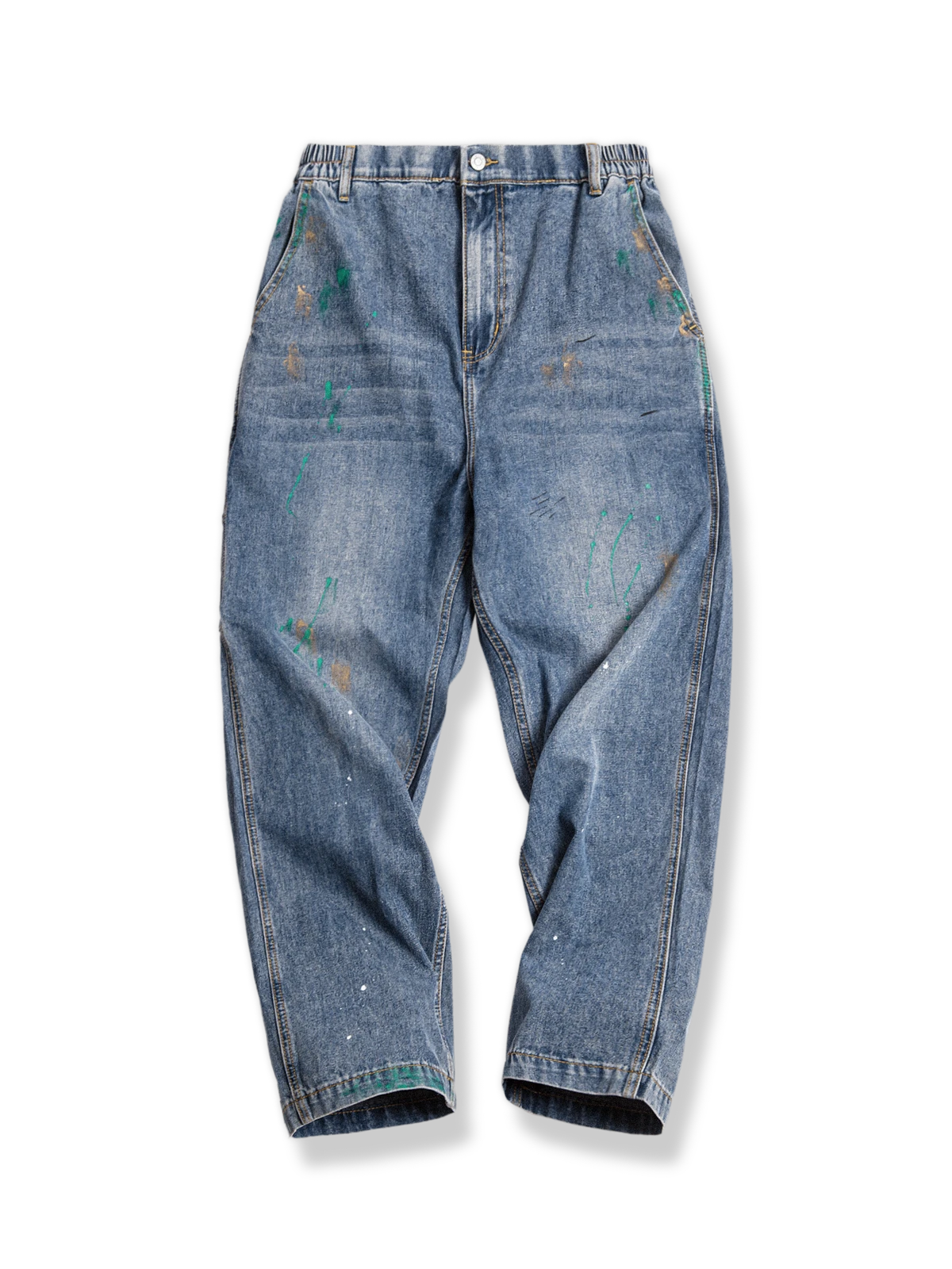 スプラッシュインクアートが映えるストレートデニムパンツ