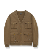 スプラッシュプリントと立体ポケットが特徴のオープンカーディガンスウェット。