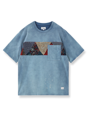 ろうけつ染めと古布パッチワークを施したウォッシュ加工Tシャツ。