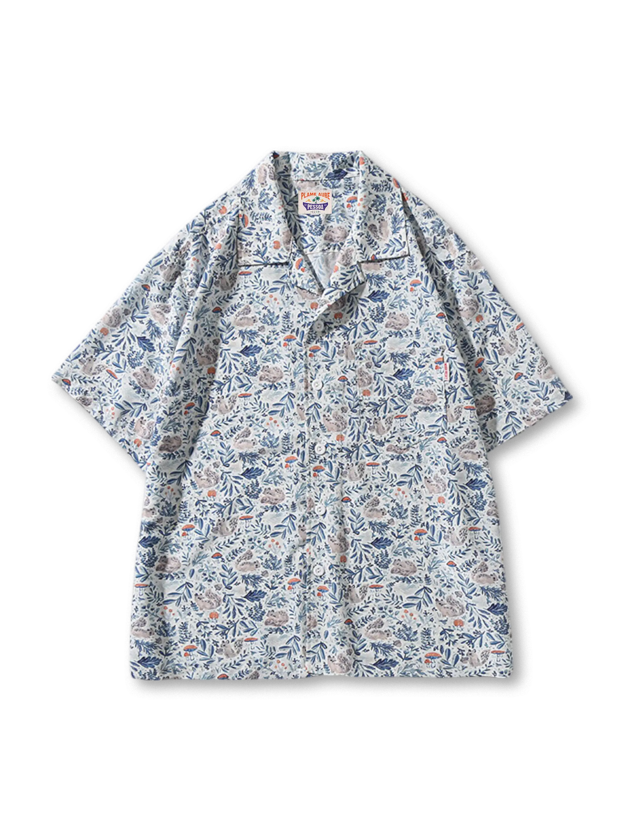 リスとドングリのプリントが映えるキューバカラーアロハシャツ