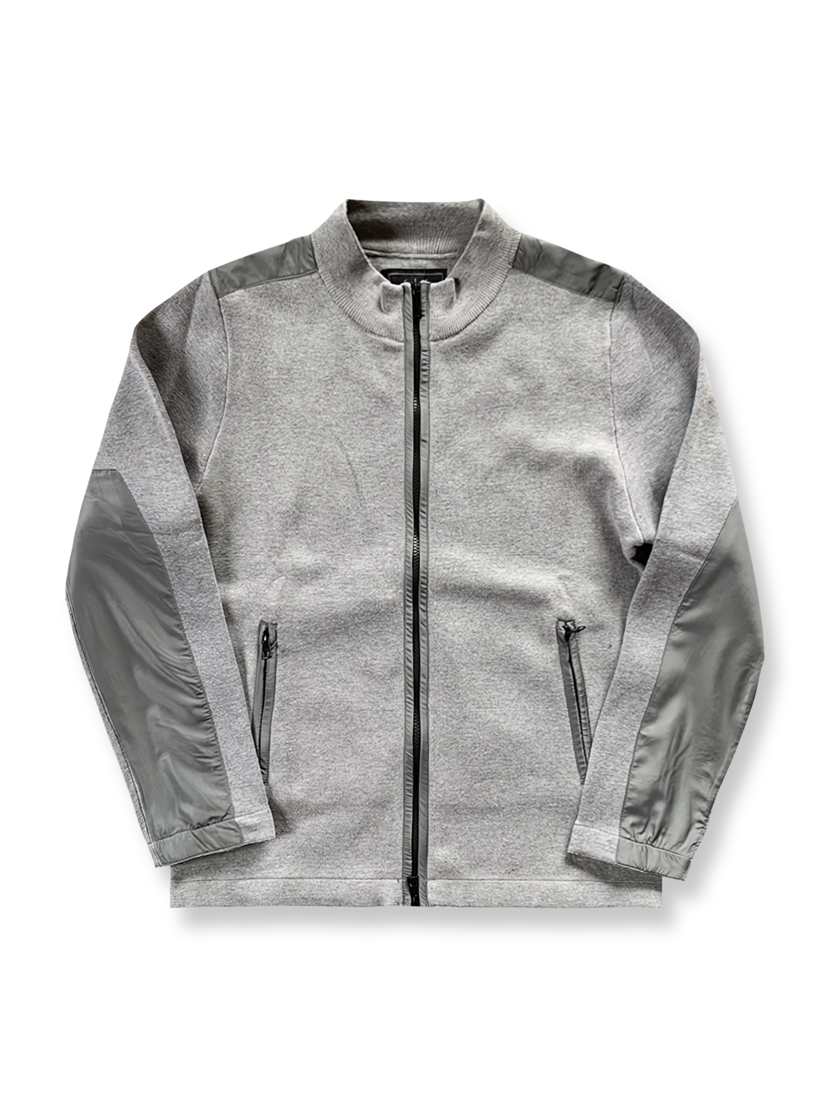 スタンドカラーとカラーブロックが映えるコットンカーディガン