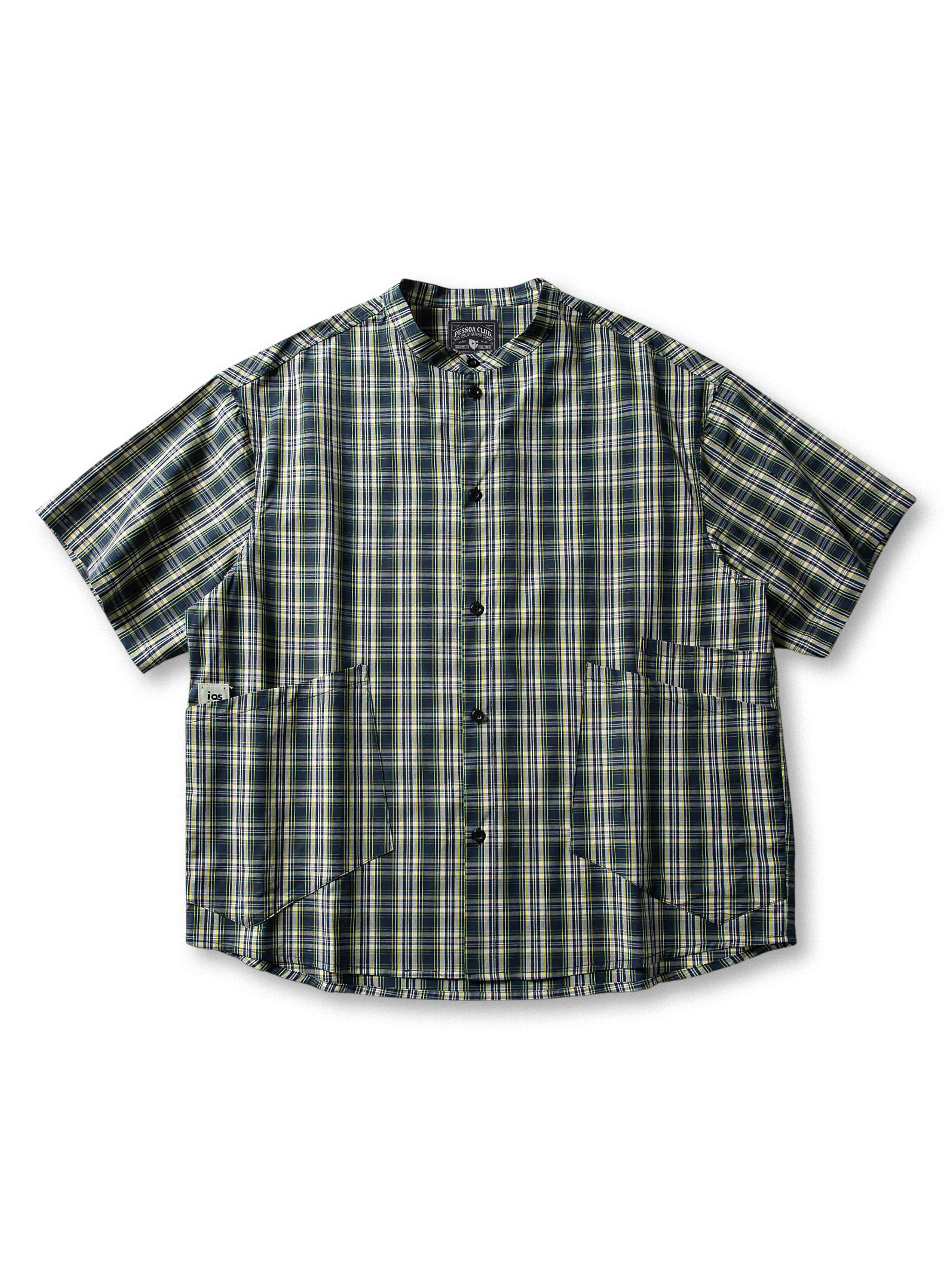 立ち襟とグリッドチェックが映える薄手コットン半袖シャツ