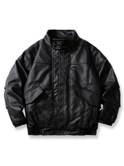 スタンドカラーと厚手中綿が特徴のPUレザーライダースジャケット