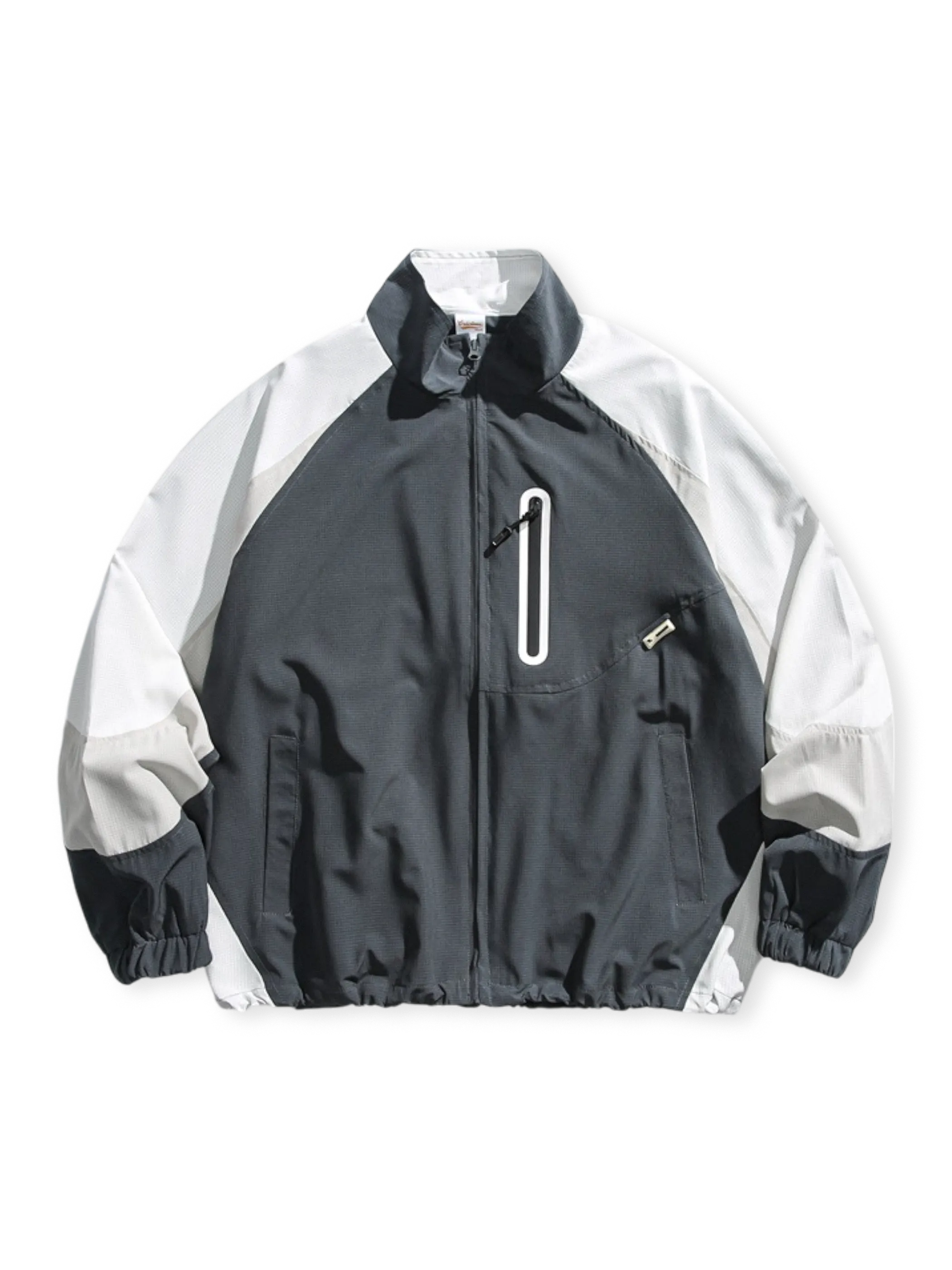 20世紀中後期アメリカンキャンパススポーツ風のコントラストパッチワーク立ち襟ジャケット。ジッパーとリブ袖付き