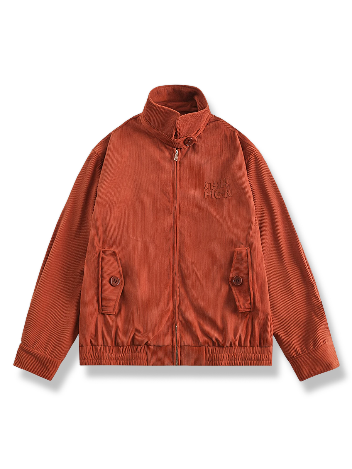 立ち襟と胸元のスチールスタンプが特徴のコットンジャケット。