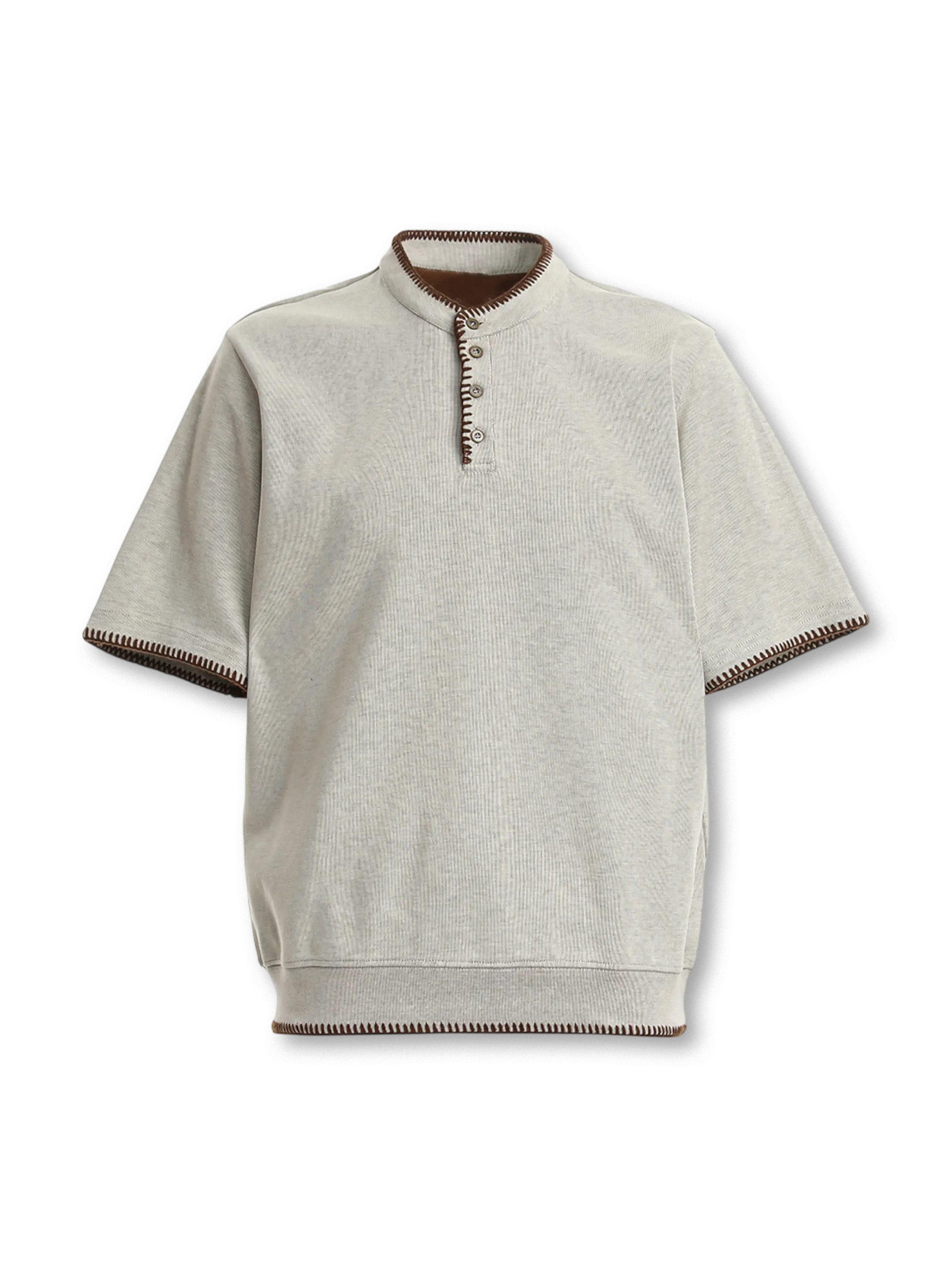 断ち切りステッチが映えるヘンリーネックポロシャツ