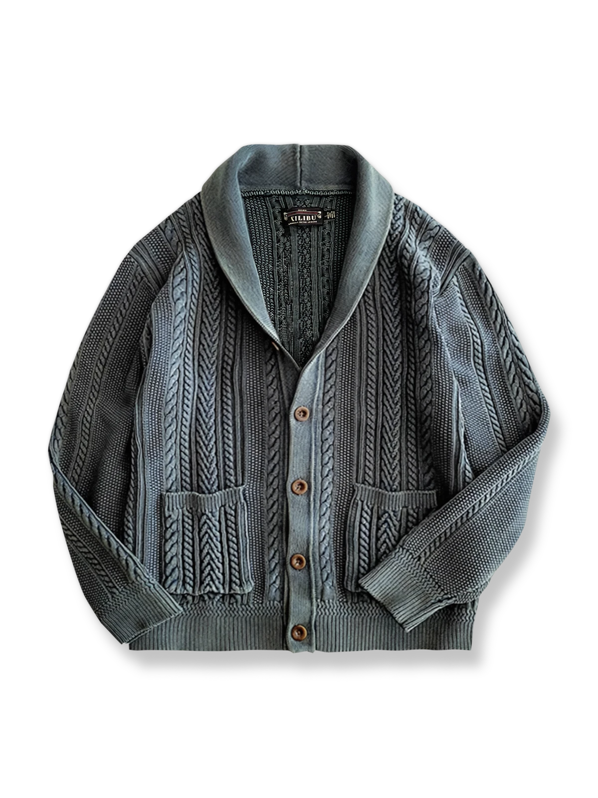 バツ染め加工でストーングレーの風合いを表現したショールカラーニットカーディガン。