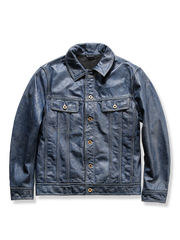 デニムブルーに染められた石磨き加工牛革レザージャケットの全体と質感を写した写真