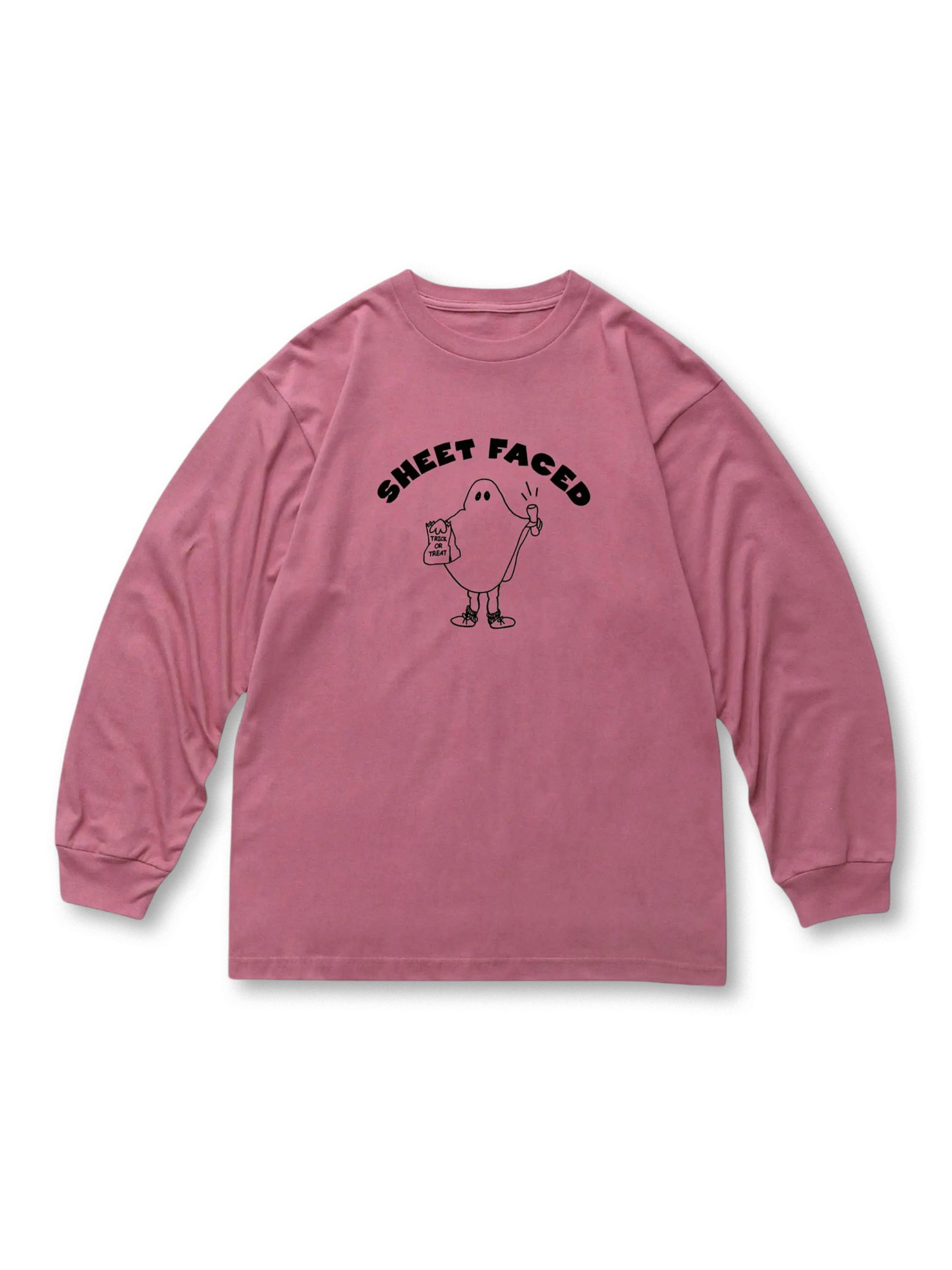 ウォーターメロンレッドのアクセントとユーモラスなイラストが特徴のストリートロゴ長袖Tシャツ。ゆったりシルエットで快適な着心地を提供し、ワークパンツやデニムとの相性も良い。