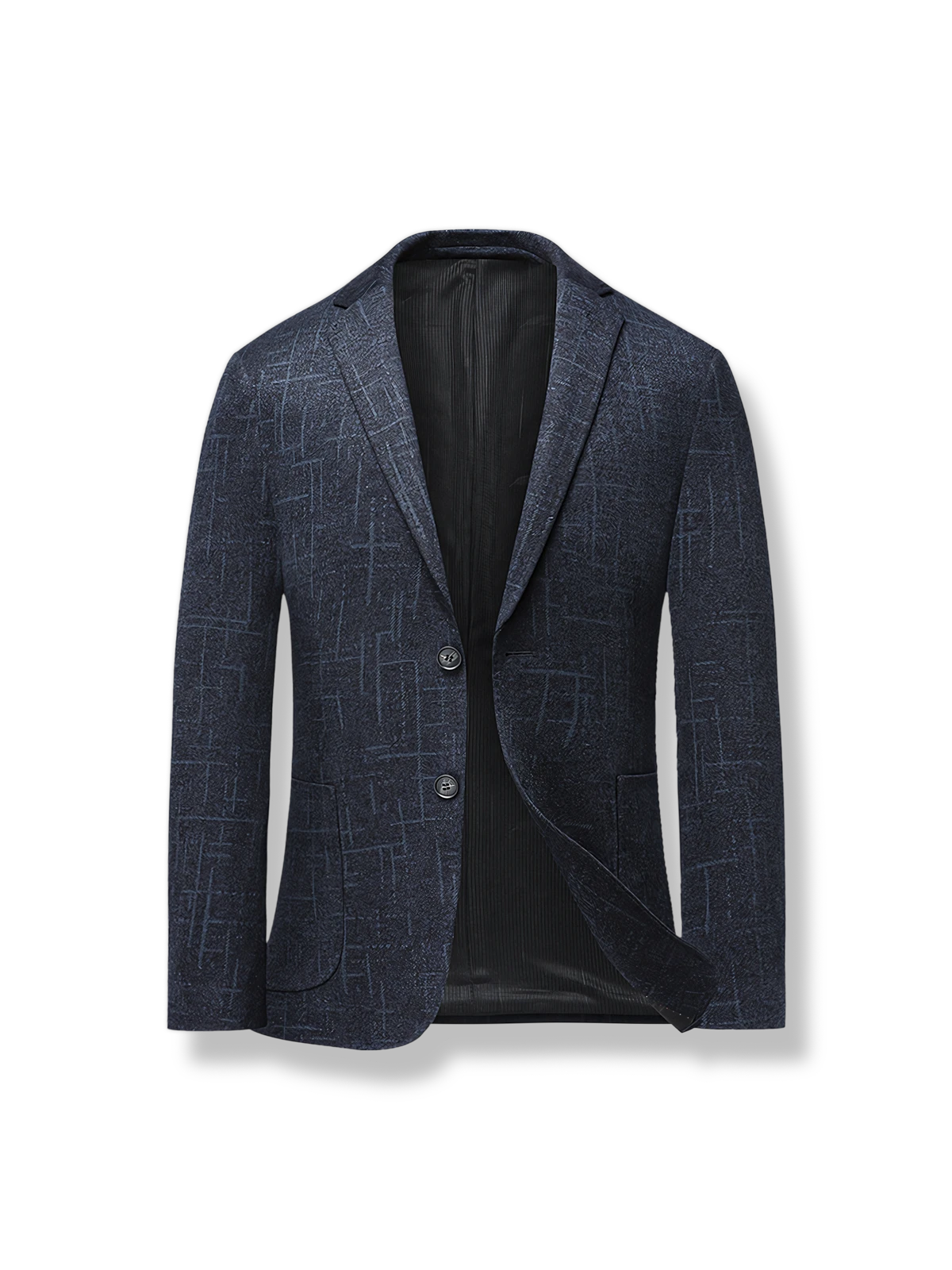 深いネイビーの幾何学模様とストレッチノン生地のテーラードジャケット