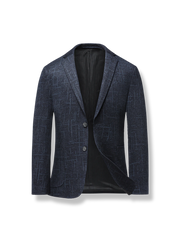 深いネイビーの幾何学模様とストレッチノン生地のテーラードジャケット