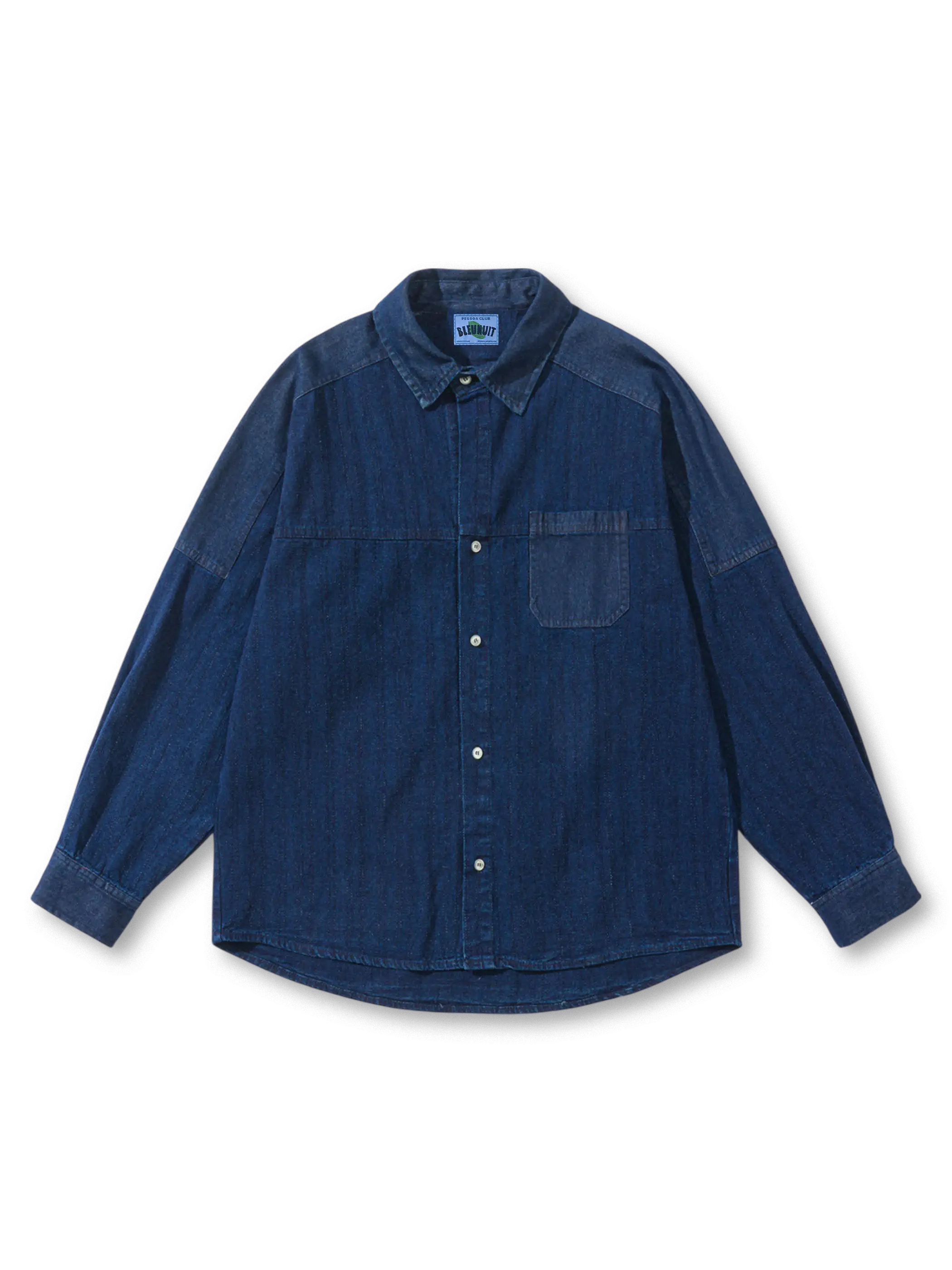 ストライプパネルと植物藍染めデニムが融合したパッチワークデニムシャツ