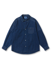 ストライプパネルと植物藍染めデニムが融合したパッチワークデニムシャツ