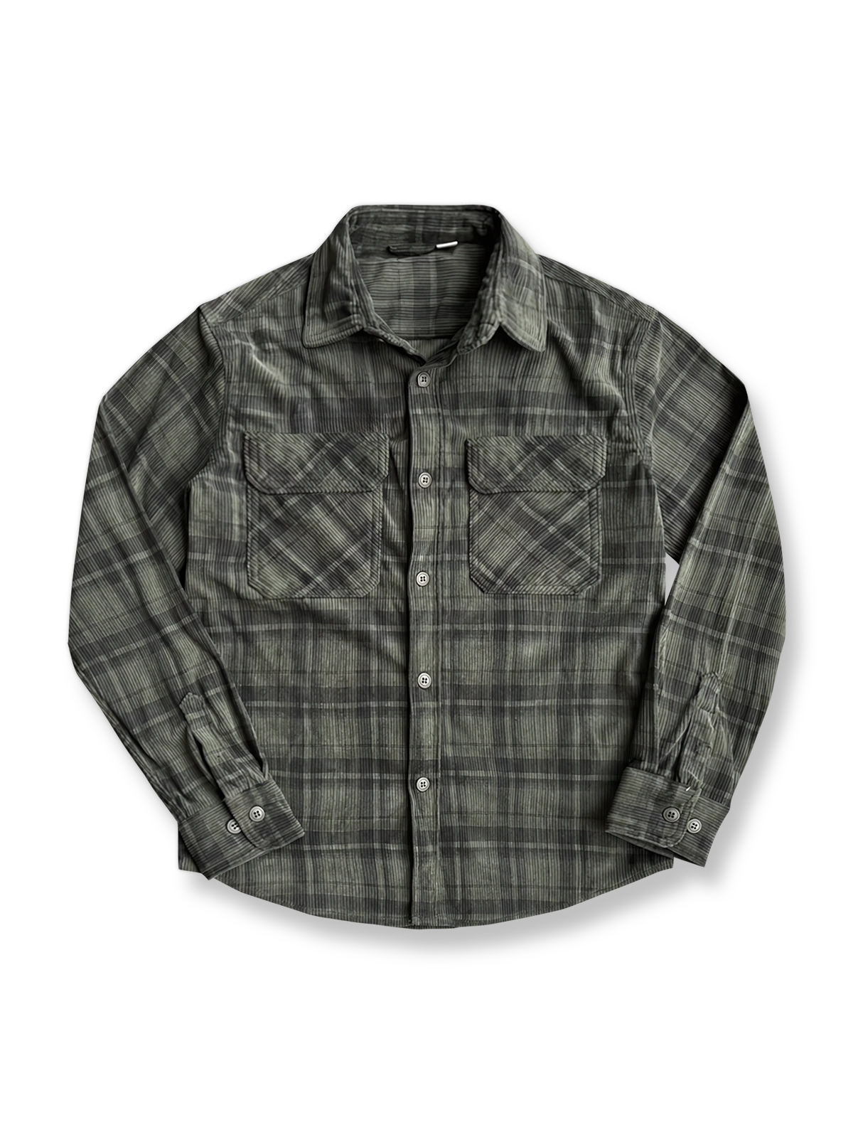 ストライプ入りチェック柄のコーデュロイシャツで柔らかな質感を楽しむ