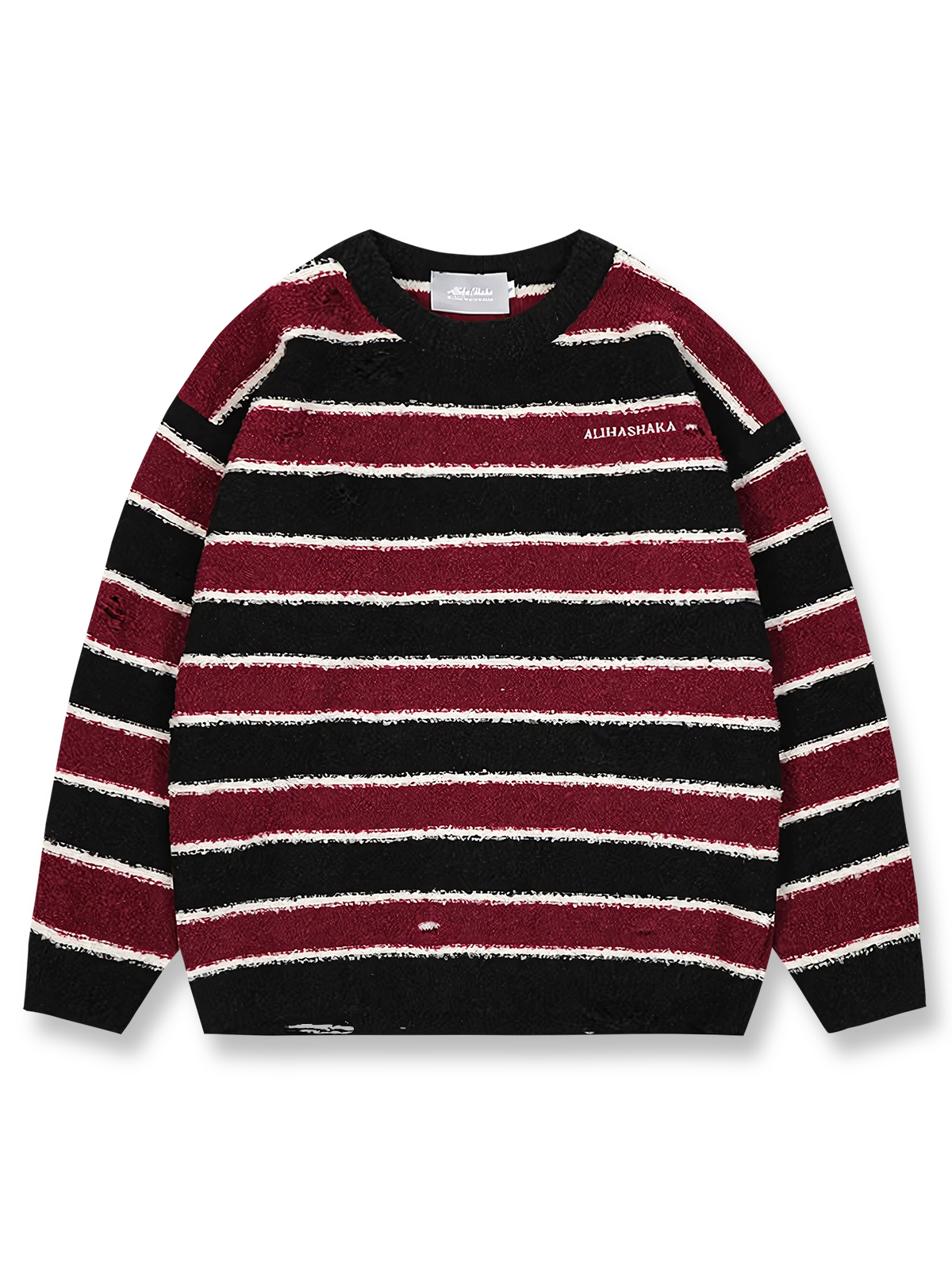 カラフルなストライプ柄とダメージ加工が特徴のゆったりクルーネックニットセーター