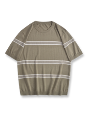 コットンと桑蚕糸を混紡したストライプ編みの半袖Tシャツ
