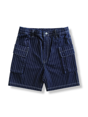 レトロストライプデニム素材のサイドポケットカーゴショーツ。