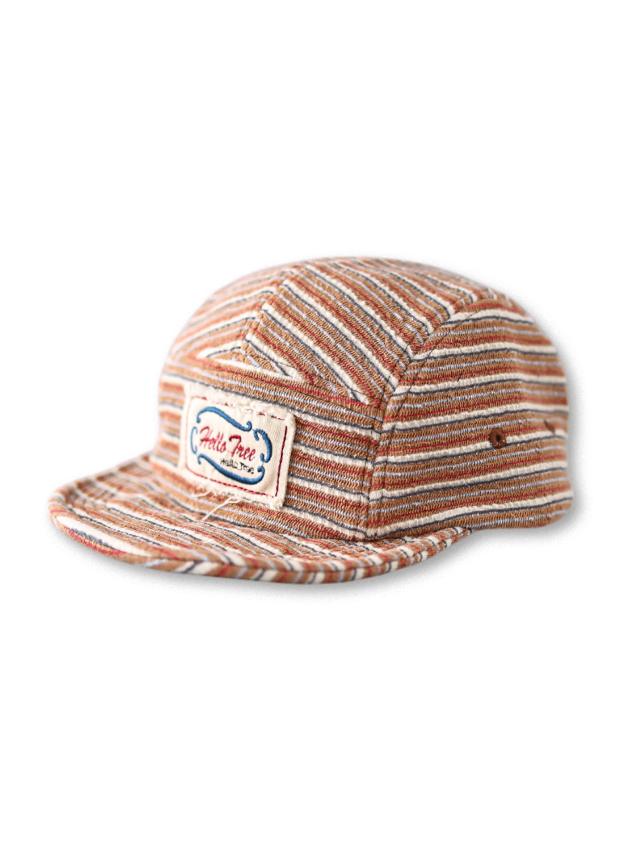 多色ストライプ100%コットン製五枚パネル平ツバキャップ。調節可能サイズとアルファベット布ラベル付き。