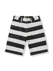 黒白ストライプとサンドウォッシュ加工が特徴のキャンバスワークショートパンツ