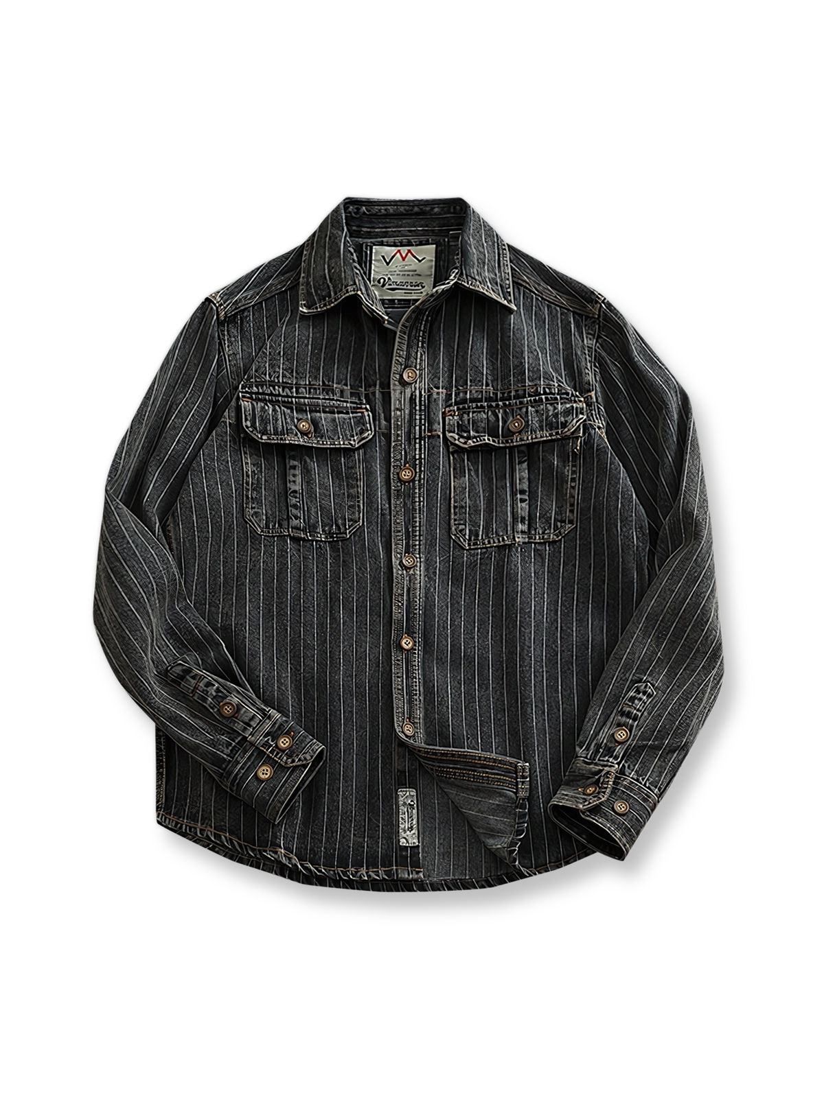 ストライプ柄が特徴の耐久性あるコットン素材のヴィンテージデニムワークシャツ