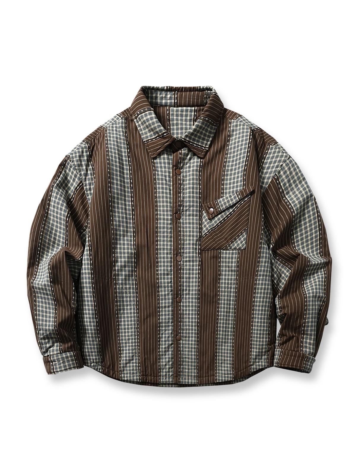 ストライプとパッチワークが融合した中綿入り長袖シャツ