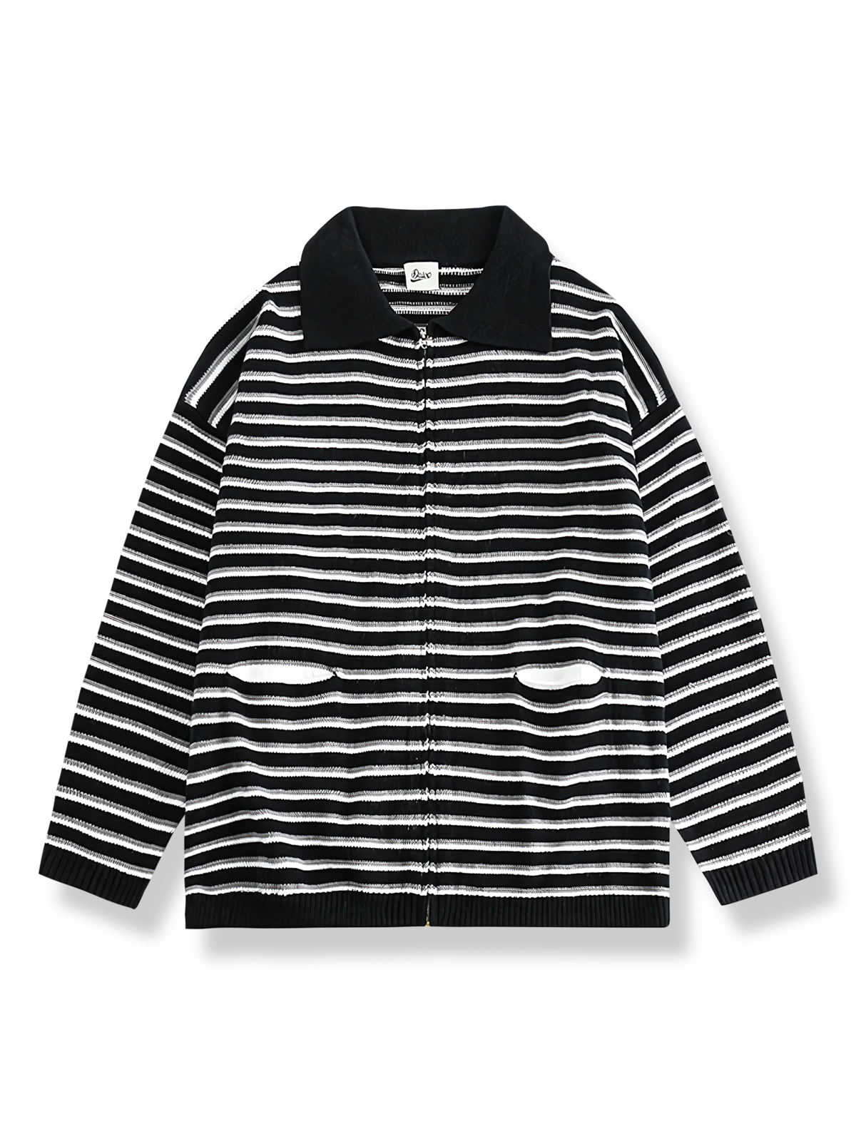 黒と白のストライプ柄ポロカラーカーディガン。