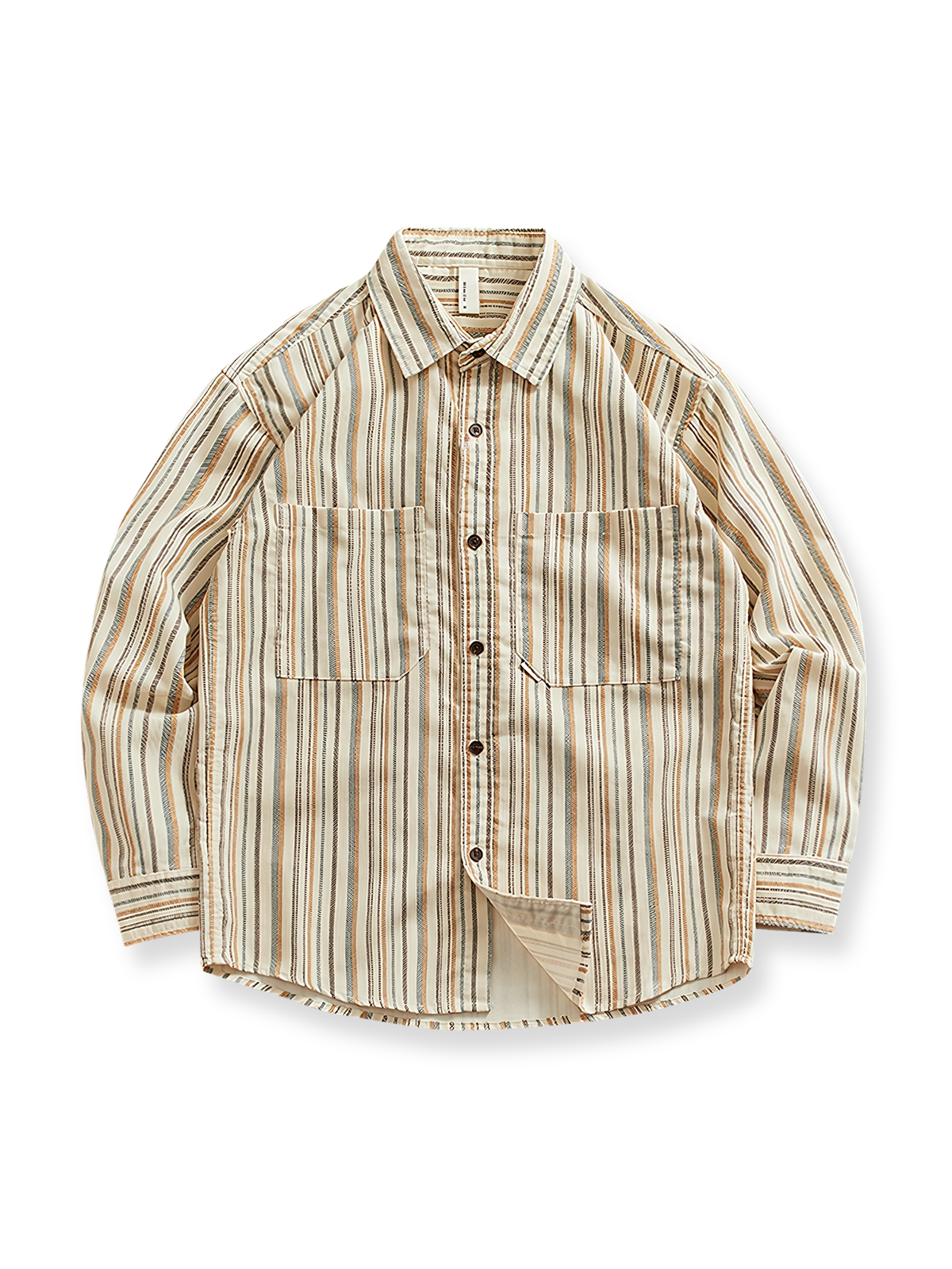 ストライプ柄とダブルポケットが特徴のワーク長袖シャツ