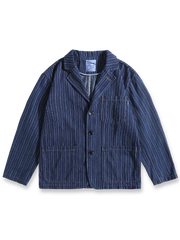 ヴィンテージフレンチワークスタイルの縦ストライプ生地を用いた耐久性高いワークスーツジャケット