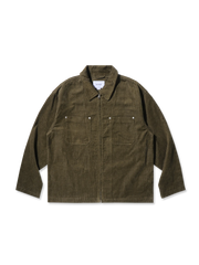 スタッズポケット付きのコットンコーデュロイジャケット。シンプルな襟元とジッパーデザイン、袖口のボタンディテールが特徴。ヴィンテージ感と快適さを兼ね備えた一着。