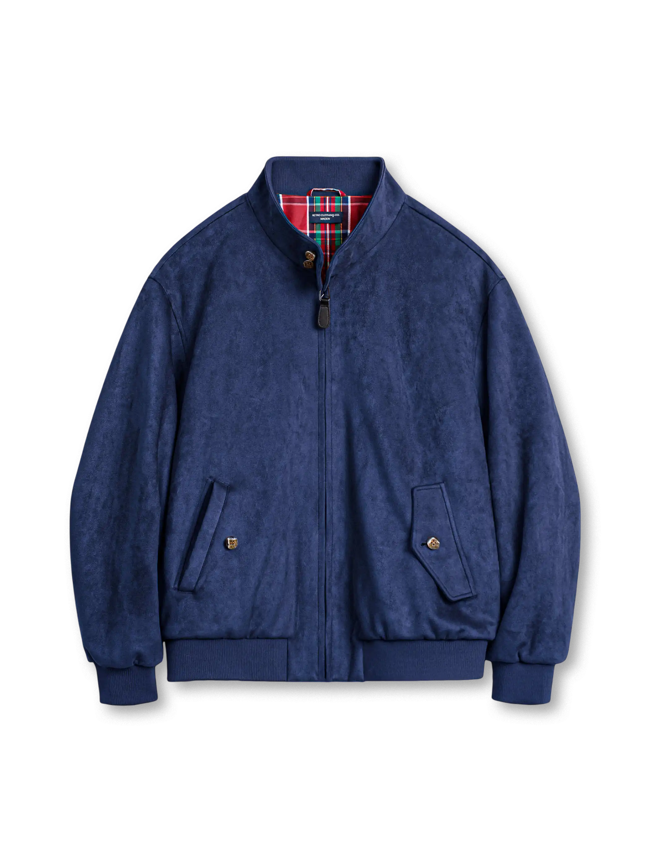 スエード調素材のハリントンG9ジャケット、立ち襟二段ボタン、タータンチェック裏地、フラップ付き斜めポケット、リブ裾と袖口