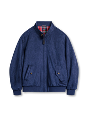 スエード調素材のハリントンG9ジャケット、立ち襟二段ボタン、タータンチェック裏地、フラップ付き斜めポケット、リブ裾と袖口