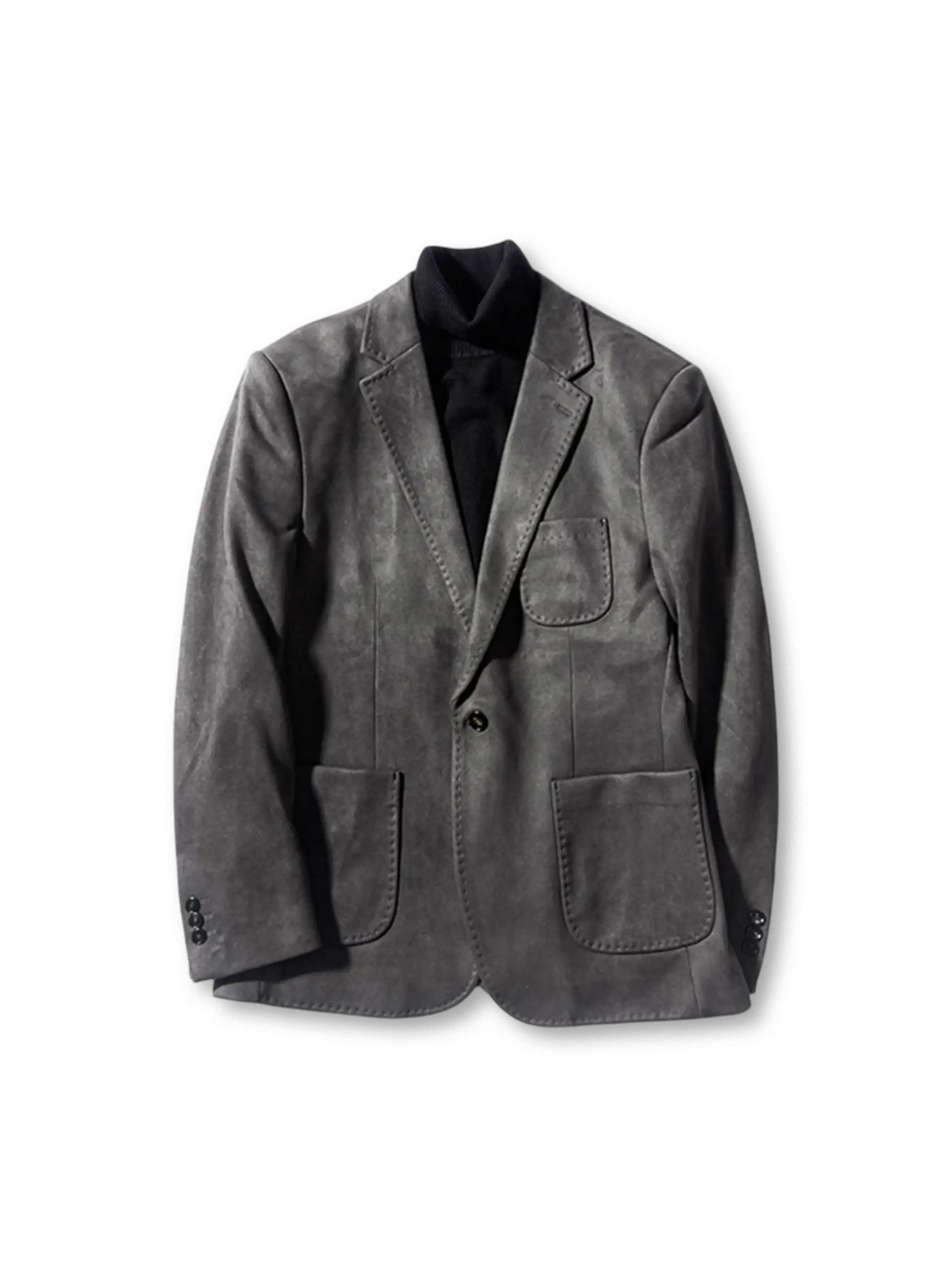 スエード素材と伝統的ポケットが特徴のスリムフィットハンティングブレザー。6色展開で多彩なスタイルに対応。