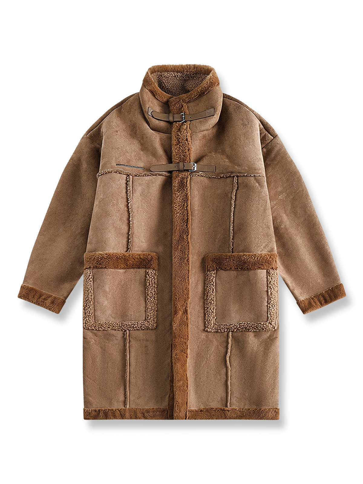 スエード調素材とフェイクファーが特徴の中長丈コート