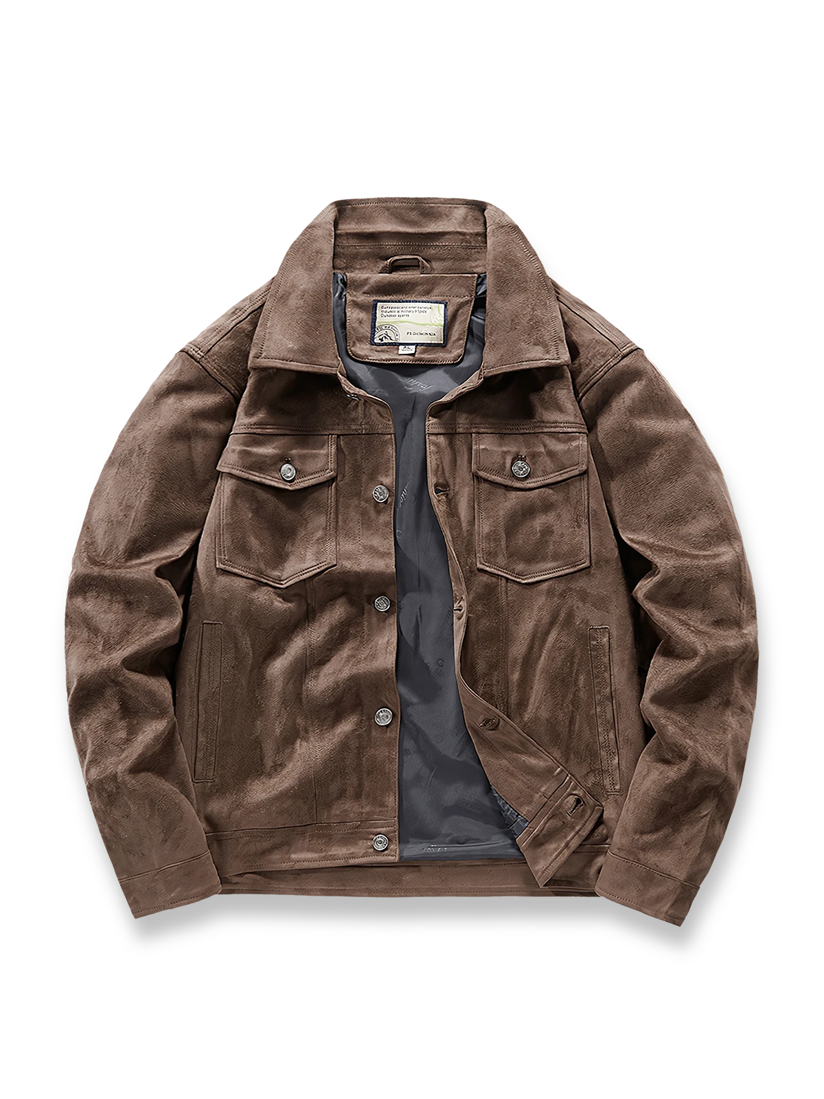 スエード調素材のワークジャケット。ターンダウンカラーとフラップポケット、高耐久ボタン付き。