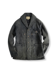 抜染と硫化染めによるブラックトーンが映える青果襟デニムワークジャケット