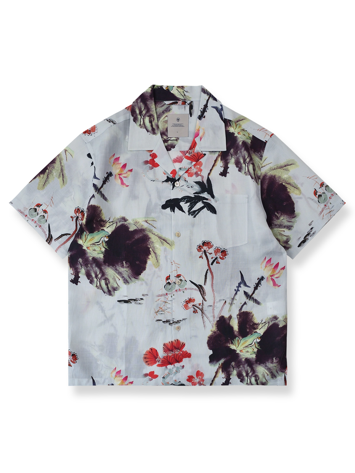 墨絵風蓮柄とキューバカラーが特徴のラミー×テンセル混紡シャツ