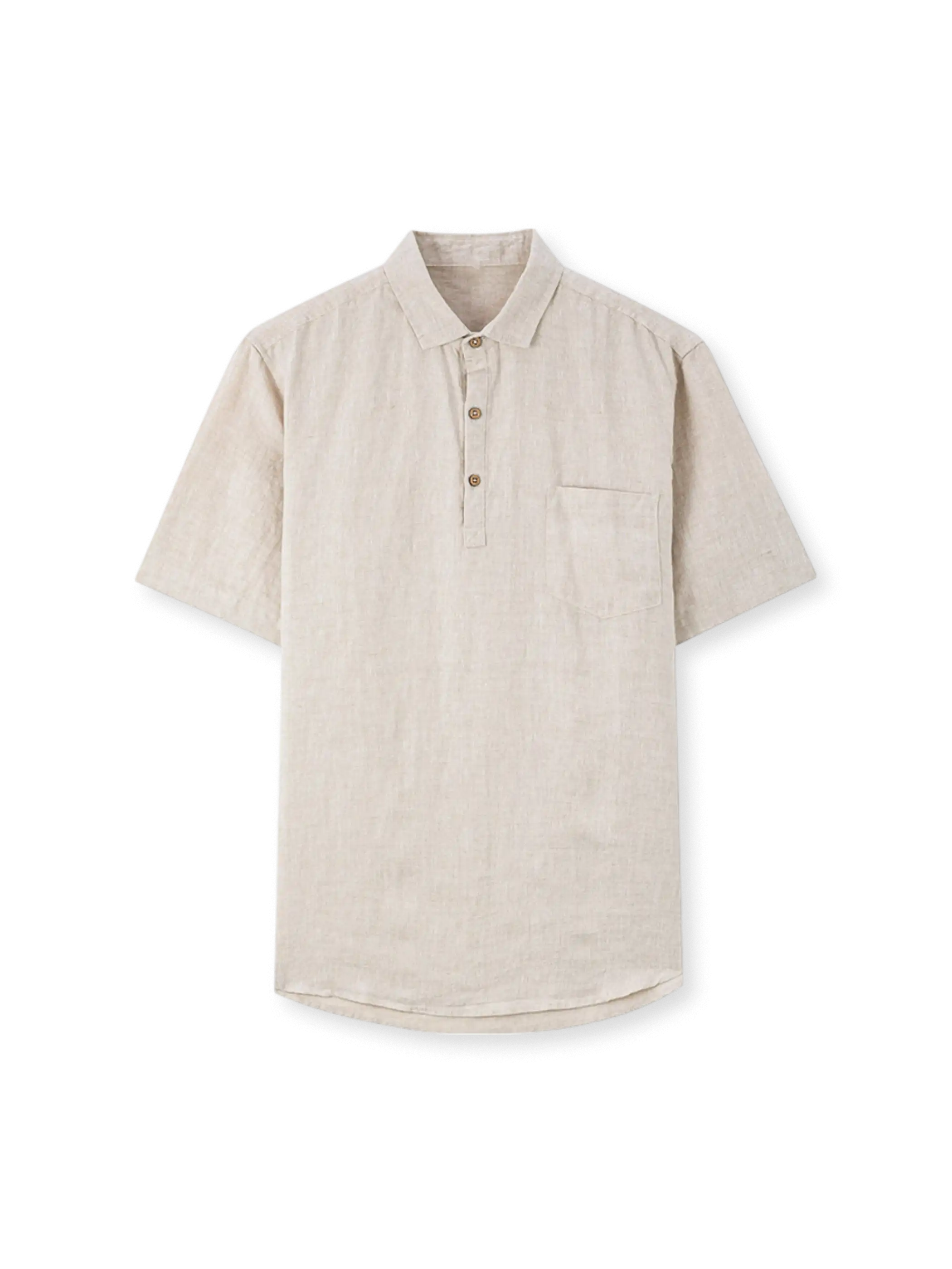 1950年代リゾート風デザインとスラブ糸素材が特徴のリネンプルオーバーポロシャツ