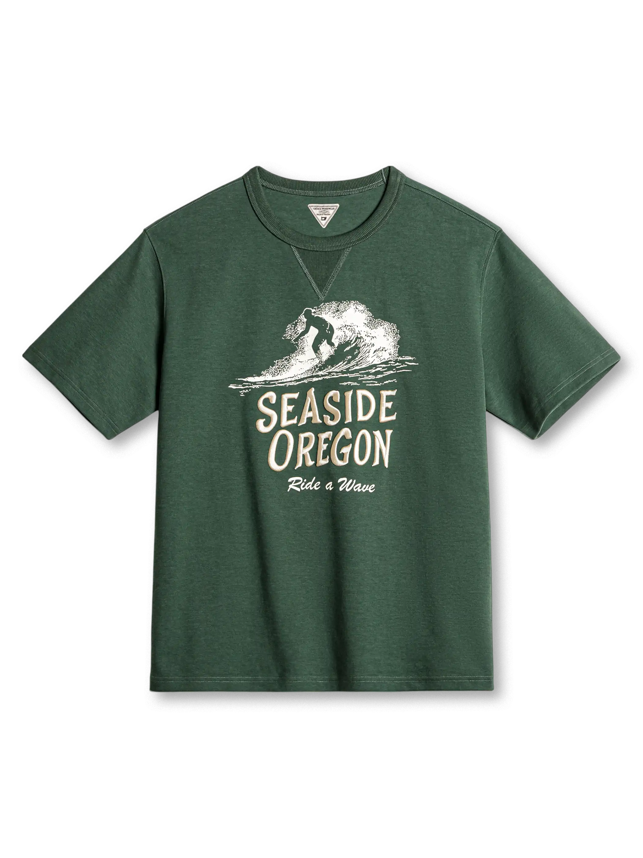「Seaside Oregon Ride a Wave」刺繍とプリントが映えるサーフTシャツ