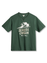 「Seaside Oregon Ride a Wave」刺繍とプリントが映えるサーフTシャツ