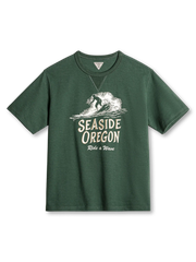 「Seaside Oregon Ride a Wave」刺繍とプリントが映えるサーフTシャツ